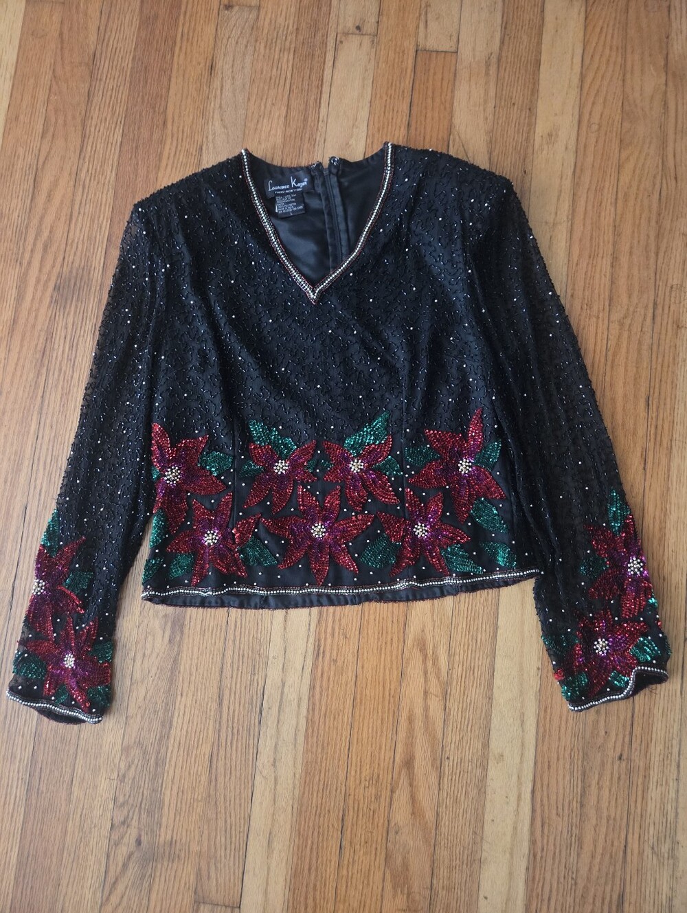 Vintage Laurence Kazar Poinsettia 100% Silk Beaded Sequin Top Black Red Large